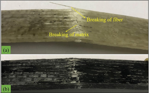 Figure 5. Photographs showing the damage mechanism in (a) neat epoxy composite and (b) CNT/GNP reinforced hybrid composite sample.