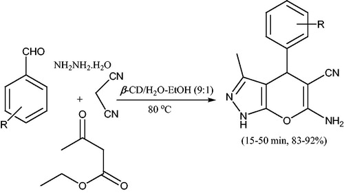 Scheme 45. Synthesis of pyrano[2,3-c]pyrazoles using β-CD.