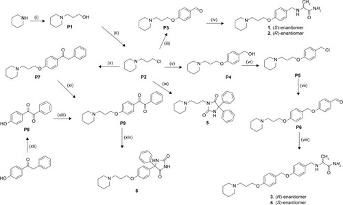 Scheme 1 Synthesis of precursors P1–P9 and final H3R ligands 1–6.