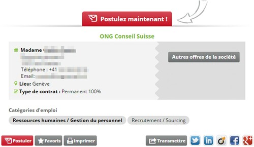 Figure 2. Contact details of the person responsible for a recruitment as displayed on JobUp (P24). The main call for action is highlighted in red: Postulez maintenant! (Apply now!). However, the participant chose an alternative flow and contacted the recruiter using the phone number reported on the page.