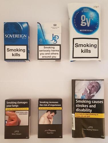 Figure 1 Examples of flip-top cigarette packs and rolling tobacco pouches pre-standardized packaging (top row) and post-standardized packaging (bottom row).