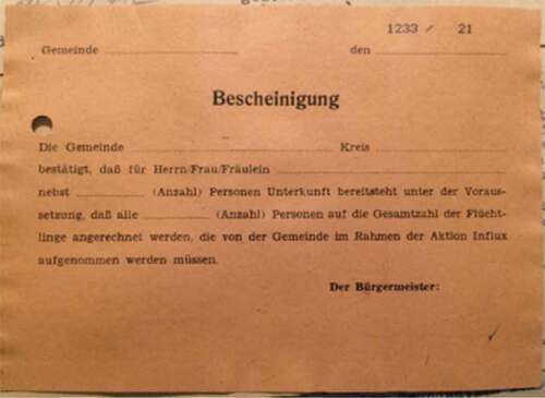 Figure 1. ‘Certificate’, to be signed by a mayor, stating that the named forced migrant receives accommodation in this municipality. (Staatsarchiv Hamburg, 131–1 II Senatskanzlei – Gesamtregistratur II, Nr. 1233, ”Betreuung von Heimatvertriebenen, Fl– chtlingen und Evakuierten, 1945-1956”)