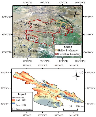 Figure 4. Map of Qinghai Province: (a) satellite map of Qinghai Province and (b) elevation map of eight counties in Haibei Prefecture.