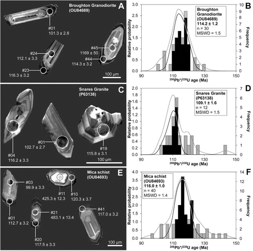 Figure 8 Cathodoluminescence image and age systematics of representative zircon in A, B, Broughton Granodiorite; C, D, Snares Granite; E, F, a mica schist raft in Snares Granite. Note the presence of inherited cores in many grains. Cathodoluminescence images were taken before and after laser ablation, and the analytical sites are highlighted with white circles. Dark boxes in histograms under the probability density diagrams B, D and F are data included in the main population. Grey boxes in histograms represent excluded age data.