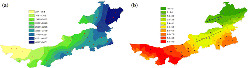 Figure 1. Mean annual (a) precipitation (units: mm) and (b) temperature (units: °C) in Inner Mongolia Autonomous Region steppes.