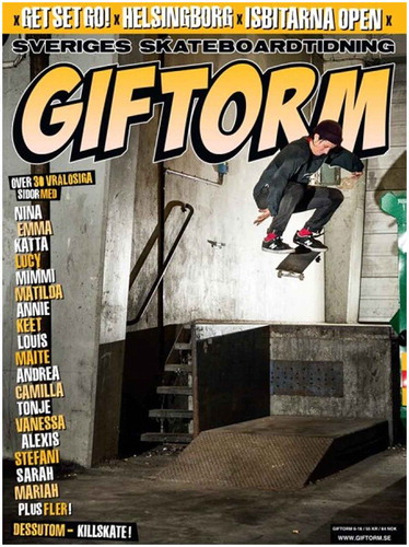 Figure 4. Playing with presumptions of skateboarding as a female practice, Giftorm portrayed guys’ skateboarding – ‘killskate’ – as the exceptional content in their 2016/6 issue, which contrasts with past issues.© Giftorm. Reprinted with permission. 