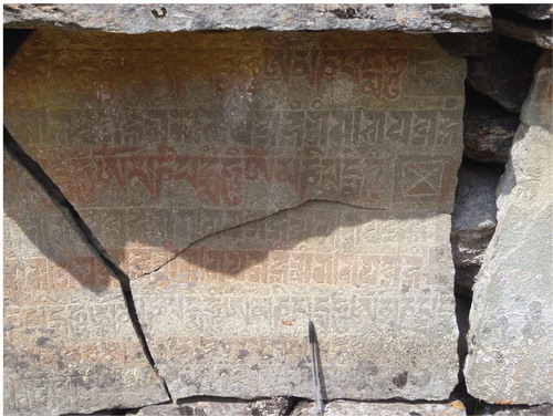 FIGURE 5. According to local informants, the Tibetan writing on the mani walls does not state the dates of construction or cleaning of the mani walls.