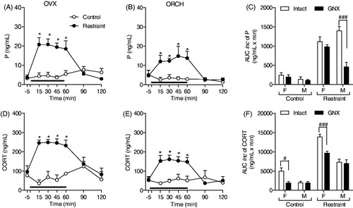 Figure 2. Effect of gonadectomy (GNX) on progesterone (P) and corticosterone (CORT) response to restraint stress for 60 min (black line). Ovariectomized (A and D; OVX control: n = 8 and OVX restraint n = 6) and orchiectomized rats (B and E; ORCH control: n = 5 and ORCH Restraint: n = 5) treated with corn oil. Blood samples were withdrawn before (−5 min), during (15, 30, 45 and 60 min) and after (90 and 120 min) the stress session. (C, F) Area under the curve with respect to increase (AUCinc) in the total secretion of P and CORT during the stress response period (15–60 min) in GNX females (F) and males (M). The data are shown as the mean ± SEM. A two-way ANOVA followed by a Bonferroni post hoc test was used in all analyses. (C and F), the control groups were not compared with the stressed groups. *p < 0.05 versus control group, #p < 0.05 versus OVX control group, ###p < 0.0001 versus GNX restraint group.