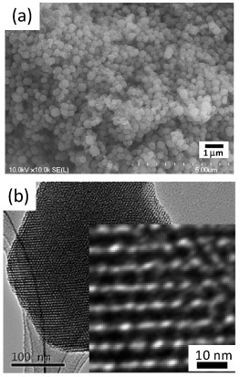 Figure 14. (a) SEM and (b) TEM images of the Eu3+-doped nanoporous silica spheres (inset: magnified TEM image of the nanostructures) after the calcination. (Reprinted with permission from [Citation28], Elsevier Ltd © 2011.)