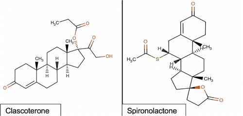 Figure 1 Chemical structures of clascoterone (left) and spironolactone (right) created with MolView an open-source web-application. Both structures are steroid structures that are comprised of a four-ring backbone: three cyclohexane rings and one cyclopentane ring. The molecular formula for clascoterone is  C24H34O5, whereas the molecular formula for spironolactone is C24H32O4S.