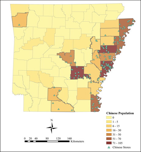 Figure 2 Chinese population and Chinese grocery stores in Arkansas, 1952. Data source: 1960 U.S. Census, Social Explorer; Arkansas State County Boundaries Map, U.S. Census TIGER/Line shapefiles. Tri-State Chinese Directory of Mississippi, Arkansas, and Tennessee, published in 1952 by the Chinese Commercial Directory Service Bureau, Greenwood, Mississippi. From the personal collection of the Dunn Family, Memphis, TN.