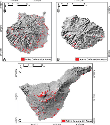 Figure 4. Active deformation areas derived from the analysis of the Sentinel-1 dataset. (A) Gran Canaria island, (B) La Gomera island and (C) Tenerife island.