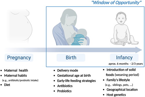 Figure 1. Factors that influence microbiota composition in early-life, from pregnancy to birth and infancy (created with BioRender).
