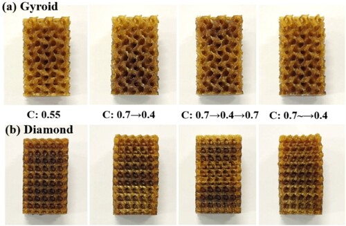 Figure 6. 4D-printed uniform and graded (a) gyroid and (b) diamond surfaces with different gradient C intervals, the sample size was 18 × 18 × 30 mm3
