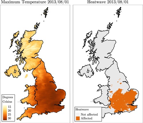 Figure 2. Heatwave classification based on the example of 1 August 2013. The left panel shows the daily maximum temperature on that specific day. The right panel shows the LSOAs which were classified as experiencing a heatwave on the respective day. The marked areas have experienced a daily maximum temperature of ≥ 29°C for at least three consecutive days (2 days before date + respective date).