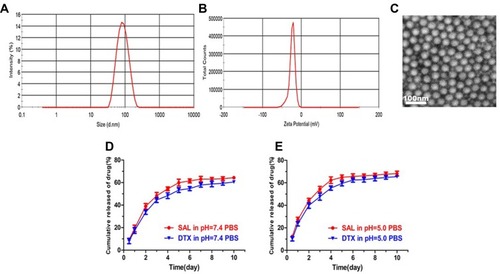 Figure 2 Characterization of nanoparticles. Size distribution (A) and zeta potential of nanoparticles (B), as determined by dynamic light scattering. The TEM image of nanoparticles (C). Bars represent 100 nm. One representative image is shown. The cumulative release of SAL or DTX from nanoparticles at pH 7.4 (D) and 5.0 (E). Data are presented as means ± standard deviations (n = 3).