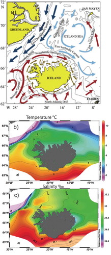 Figure 2. (A) Map showing the major surface currents around Iceland (red = warm, blue = cold), (B) temperature °C distribution at 50 m wd, and (C) salinity ‰ at 50 m wd for February 2013.