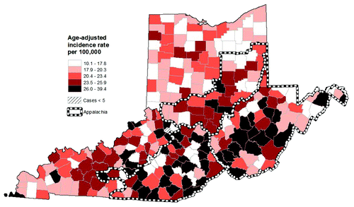 Figure 1. Incidence of HPV-related cancers by county among females from Ohio, West Virginia and Kentucky (1996–2008; all races). HPV-related cancers include cervical, vulvar, anal, vaginal and oral cavity/pharyngeal cancers. All rates are age-adjusted to the 2000 U.S. standard population.