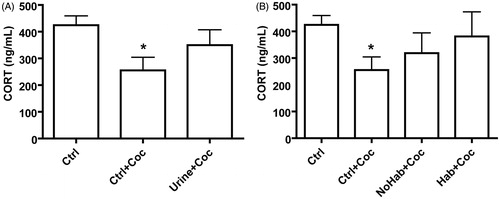Figure 5. Lower plasma corticosterone concentrations in control + cocaine (Ctrl + Coc) rats than in controls (Ctrls). Corticosterone concentrations did not differ across study groups (Panel A) or study phenotypes (Panel B). Independent sample t-tests indicated significant differences between Ctrl + Coc and Ctrl rats [Panels A,B; p < 0.05]. Ctrl = control rats not exposed to urine or cocaine (n = 11); Ctrl + Coc = control rats not exposed to urine and self-administered cocaine (n = 8); Urine + Coc = urine-exposed rats that self-administered cocaine (n = 10); NoHab + Coc = NoHab rats that self-administered cocaine (n = 5); Hab + Coc = Hab rats that self-administered cocaine (n = 5). * = p < 0.05 compared to Ctrl. Data are presented as mean ± SEM.