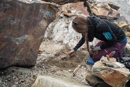 Fig. 4. The site under excavation, 2020. In the background the quartz vein discovered by Heinz Infanger. @Valentin Luthiger/Institut Kulturen der Alpen.