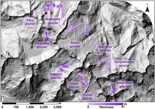 Figure 4. LIA moraines thickness. Light purple corresponds to lower values, while dark purple is associated with the greatest thickness. In some cases, the moraine margins have been simplified to obtain a more accurate thickness data.