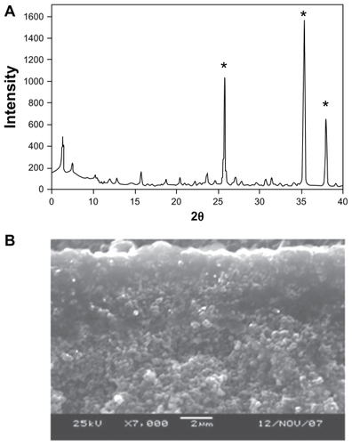 Figure 1 (A) Powder diffraction pattern of a zeolite membrane grown on an alumina support (the strongest peaks marked with an asterisk are due to the alumina, the rest are zeolite peaks. (B) Cross-section of the zeolite/alumina membrane by scanning electron microscopy.