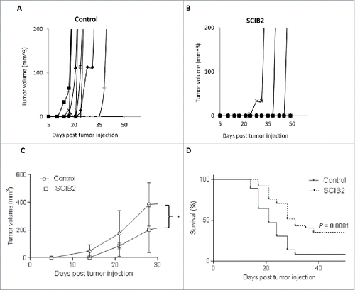 Figure 4. SCIB2 stimulates strong antitumor immunity. Individual (A and B) and average (C) tumor growth curves and percentage survival (D) of HHD II mice challenged with 2.5 × 104 B16/HHDII/NY-ESO-1 tumor cells at day 0 and immunized with SCIB2 at days 4, 11 and 18. *p < 0.05. Lack of survival was defined as tumor size > 528 mm3. (A) and (B) are representative of data from one study in which n = 10. (C) and (D) are representative of data from at least two independent studies in which n = 10 each study.