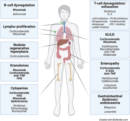 Figure 3. Established (bold), reported and potential (italics) treatment for autoimmune and inflammatory complications of CVID. Scientific evidence for established treatment is variable, with no randomized controlled trials performed.