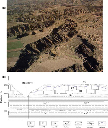 Figure 3. (a) Landforms of the tableland–gully region (Zhu Citation1986). (b) Hydrogeological profile of the Heihe watershed.