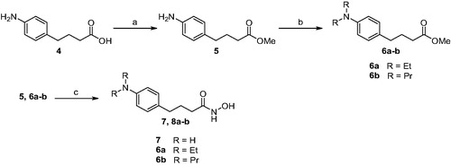 Scheme 2. Synthesis of compound 7 and 8a-b. Reagents and conditions: (a) H2SO4, MeOH, rt, 12 h, 86%; (b) Ethyl iodide for 6a or propyl iodide for 6b, K2CO3, DMF, rt, 24 h, 75-76%; (c) NH2OH, KOH, MeOH, 0 °C, 3 h, 40-46%.