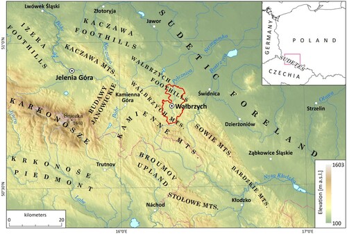 Figure 1. Location map. Red line indicates administrative boundaries of Wałbrzych city in SW Poland.