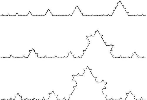 Figure 11. Himalayan k = 3 pre-fractals with scale factors (from top to bottom) α=23,13,15.