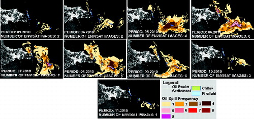 Figure 14. Map of monthly oil spill frequency around the Oil Rocks, Chilov and Pirallahi Islands during 2010.