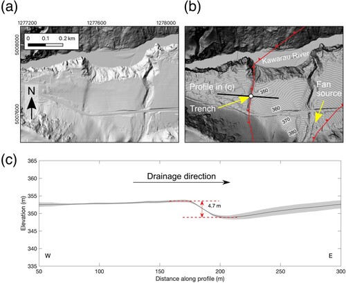 Figure 10. A, Unannotated and B, annotated lidar hillshade digital elevation model of the NW Cardrona Fault scarp at Gibbston in the valley of the east flowing Kawarau River. Contour intervals in B are 1 m. Coordinates in NZTM. C, Profile across the fault scarp with horizontal lines shown used to measure scarp height. The profile is generated by considering the mean (black line) and standard deviation (grey shading) of elevation extracted from the lidar data in a 50 m wide swathed centred on the profile line in B (Schwanghart and Scherler Citation2014). The westward ground slope illustrates that on both sides of the scarp, the river terrace is overlain by an alluvial fan (as indicated in b). Dashed red lines indicate the horizontal lines used to measure scarp height; the terrace’s vertical separation across the scarp cannot be measure as the terrace slope gradient is not equal either side of the scarp.