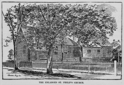 Figure 2. Artist’s rendering of the church from an 1888 issue of The Cambridge Chronicle. St. Augustine’s was formerly known as St. Philip’s. The church was originally built in 1886, but just two years later it was enlarged by sawing the building in half, moving the rear half back to the rear of the parcel, and filling in more nave length between the two split halves. Public domain image.