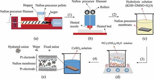 Figure 1. Schematic diagram of IPMC specimen fabrication by FDM technology: (a) Fabrication process of Nafion precursor filament. (b) Nafion precursor membrane printed by a 3D printer. (c) The hydrolysis process exchanges the sulfonyl fluoride group to a sulfonate end group. (d) Prepare Pt electrodes by an electroless plating process. (e) Ion exchange process