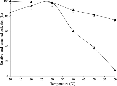 Figure 5. Temperature activity (-▲-) and stability after 2 h-incubation (-●-) profiles for purified P. chrysosporium catalase at pH 7.0.