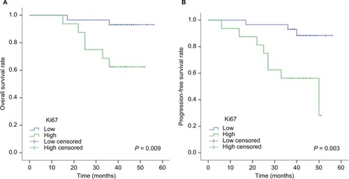 Figure 2 Association of Ki67 expression with overall survival (A) and progression-free survival (B).