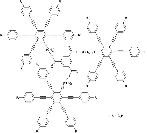 Figure 1 Discotic star oligomer1 composed of three radial pentayne groups linked to a central benzene moiety by alkyl spacers.