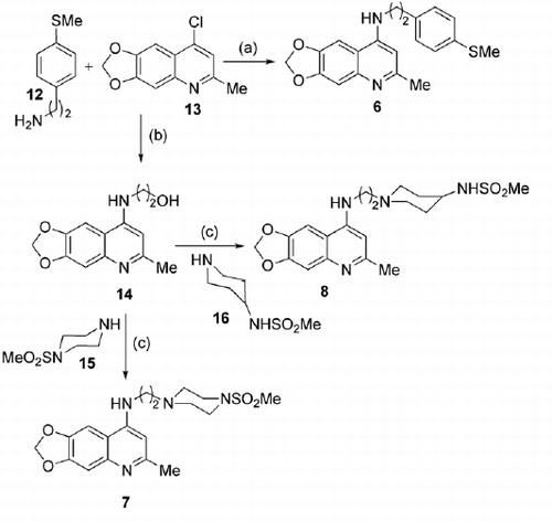 Scheme 2. Synthetic procedure for the preparation of final compounds 6–8. Reagents and conditions: (a) TEA, EtOH, reflux, 76 h; (b) 2-aminoethanol, 150 °C, 15 min then 190 °C, 30 min (c) i. p-TsCl, pyridine, dry DCM, 0–25 °C, then 50 °C, 4 h; ii. 15 or 16, DIPEA, dry DMSO, 70 °C, 20 h.