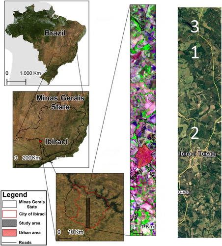 Figure 1. Study area location and the portion of EO-1 Hyperion image used in the study (date of collection 2004/10/09; spectral bands centered in 1648.0, 823.0 and 661.0 nm in the RGB composition, respectively). Inset boxes represent priority regions of study at the pixel scale.