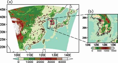 Figure 1. (a) The simulation domain in Northeast Asia by WRF-Chem (only shaded region) is shown with surface elevation (unit: meter). The model uses the Lambert Conformal map projection. (b) shows the validation domain over the Korean Peninsula. The black circles in the figures indicate the ground PM observation sites, and the magenta triangles the AERONET sites for ground AOD observations