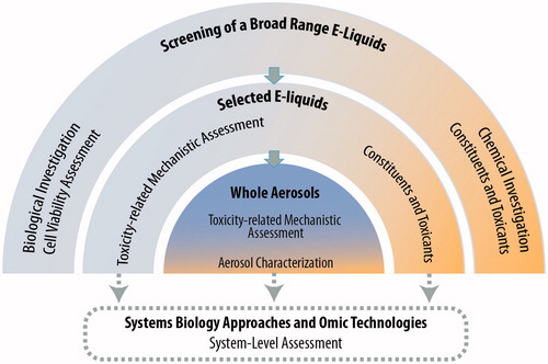 Figure 1. Proposed framework of an in vitro systems toxicological assessment of e-liquids. The framework assessment covers three layers of assessments, integrated into a systems toxicology-based approach. The framework is aimed at enabling a systems-level analysis of the cellular mechanistic toxicity of both e-liquids and their aerosols using relevant biological in vitro test systems. An analytical chemistry investigation is used complementarily to provide accurate and reliable chemistry data solidifying the toxicological assessment.