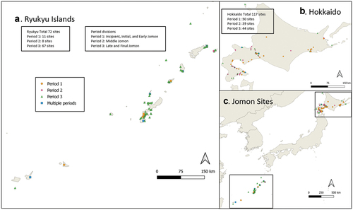 Figure 1. The distribution of Jōmon sites included in the database. (a) Jōmon sites in Ryukyu. (b) Jōmon sites in Hokkaido. (c) All Jōmon sites included in the database reported here. The three most southerly sites in the Ryukyu Islands are from the Sakashima Islands. Although not formerly Jōmon, they provide comparable pre-agricultural Neolithic sites.