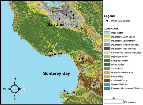 Figure 1. Locations of the 25 urban community gardens sampled in the California central coast from San Jose to Monterey.