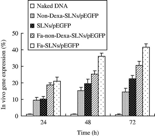 Figure 6. Quantitation of in vivo transfection efficiencies of Fa-SLNs/pEGFP and other vectors at 24, 48, and 72 h post-transfection.