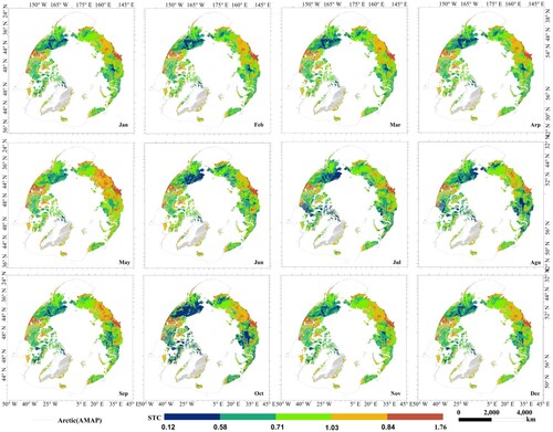 Figure 7. Monthly spatial distribution and characteristics of changes in the STC in the Arctic permafrost in 2020.
