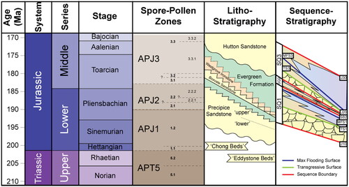 Figure 2. Stratigraphy of the Lower and Middle Jurassic series in the Surat Basin, incorporating age assignments from La Croix et al. (Citation2022).