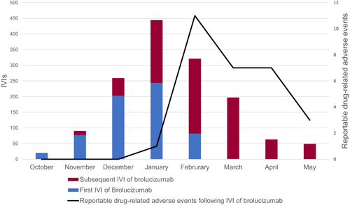 Figure 4 Frequency histogram depicting the number of intravitreal injections of brolucizumab administered and the number of reportable drug-related adverse events on a monthly basis.