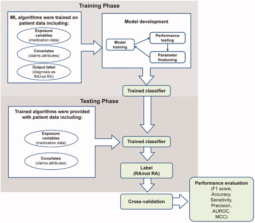 Figure 1. Overview of model development and evaluation. AUROC, area under the receiver operating characteristic curve; MCC, Matthews correlation coefficient; ML, machine learning; RA, rheumatoid arthritis.